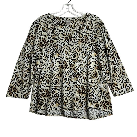 Chicos 3/4 Sleeve Animal Print Pullover Shirt Brown Black Womens 2 Large - Picture 1 of 9
